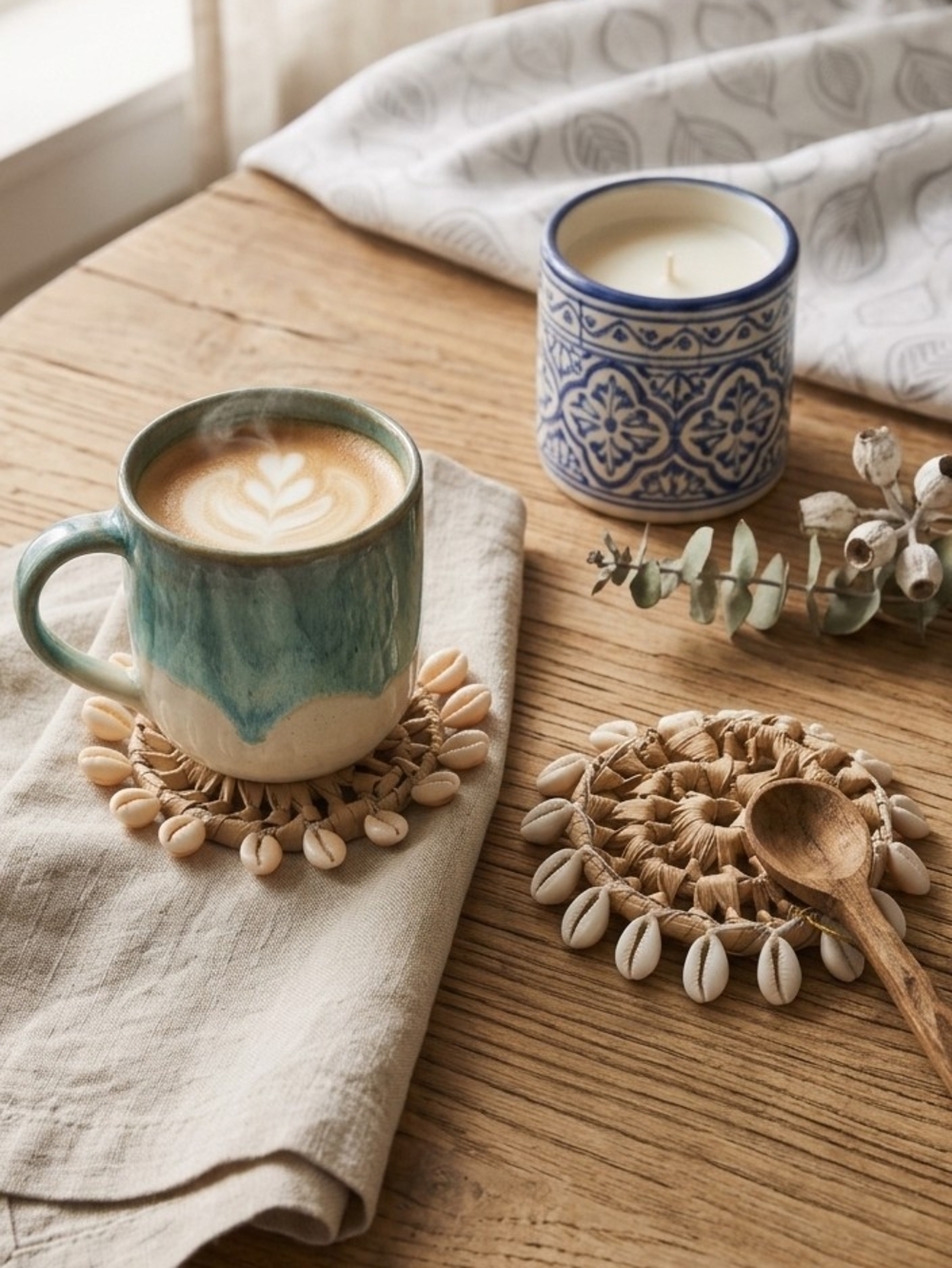 Natural Shell Coasters Set of 2 Pc Beige Cottage Farm Rustic